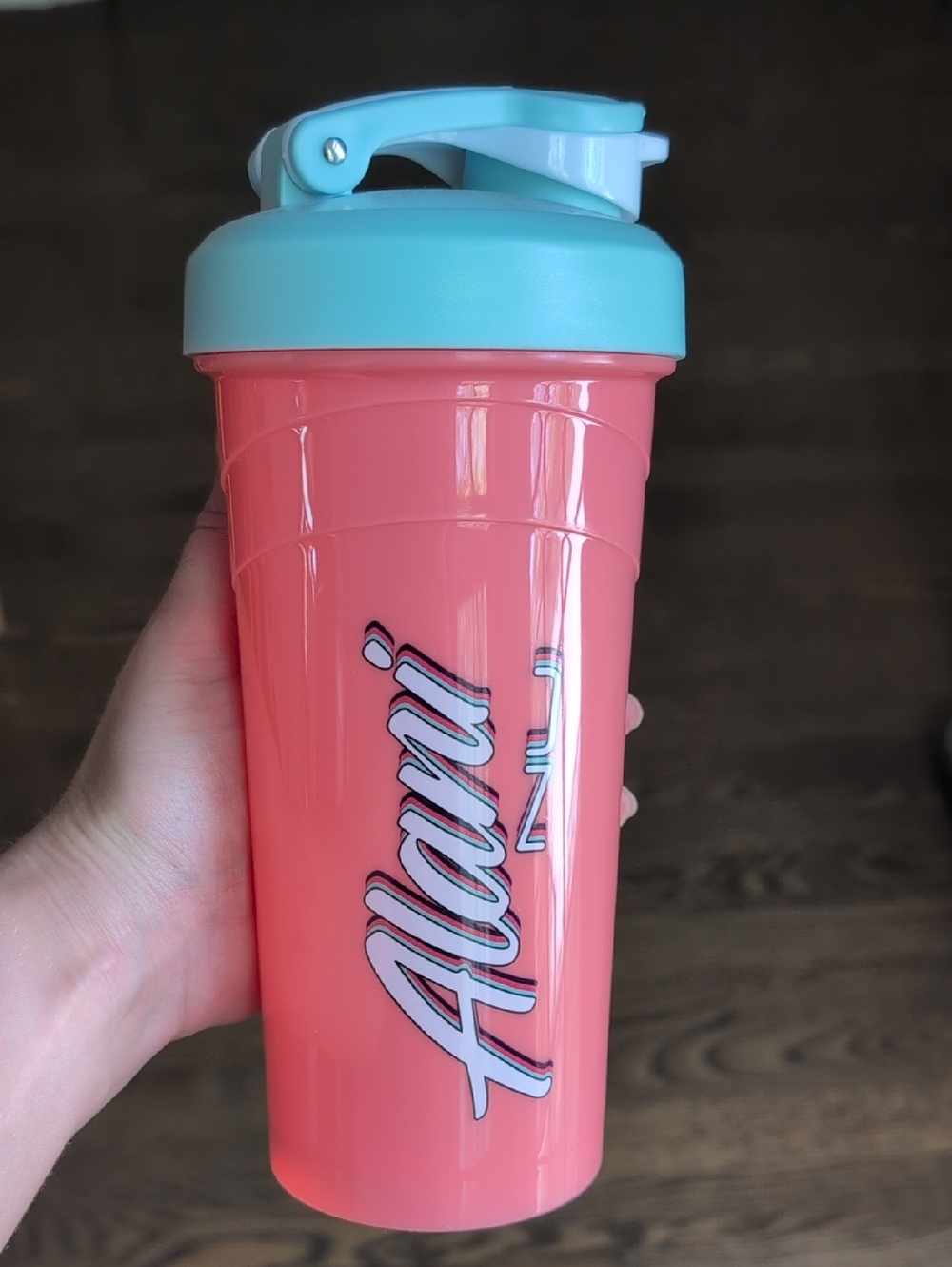 Coral Pink Shaker Bottle with Mint Lid